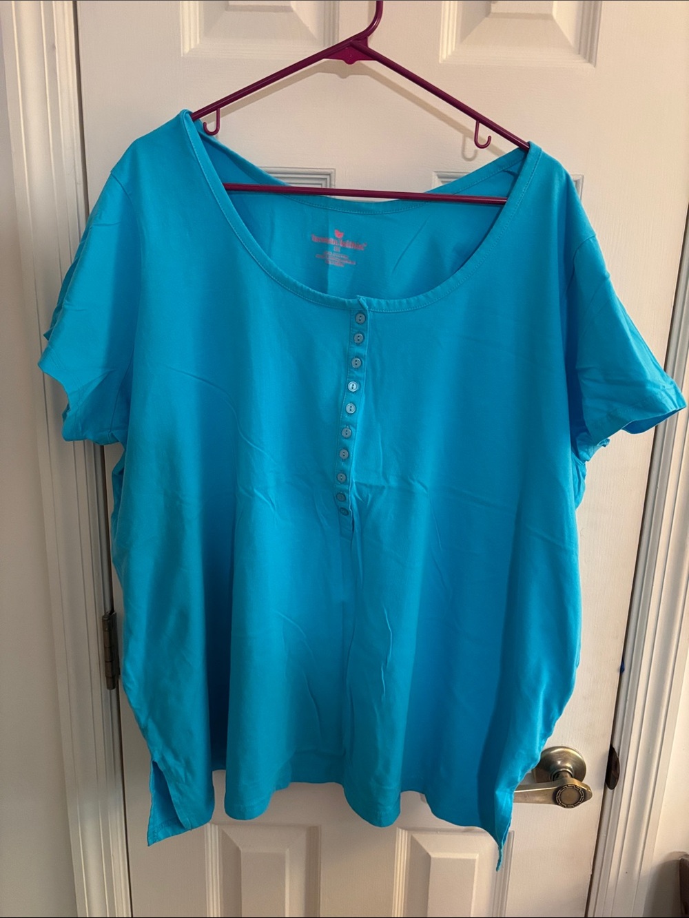 Woman Within Bright Turquoise Scoop-Neck Short-Sleeve Button Top